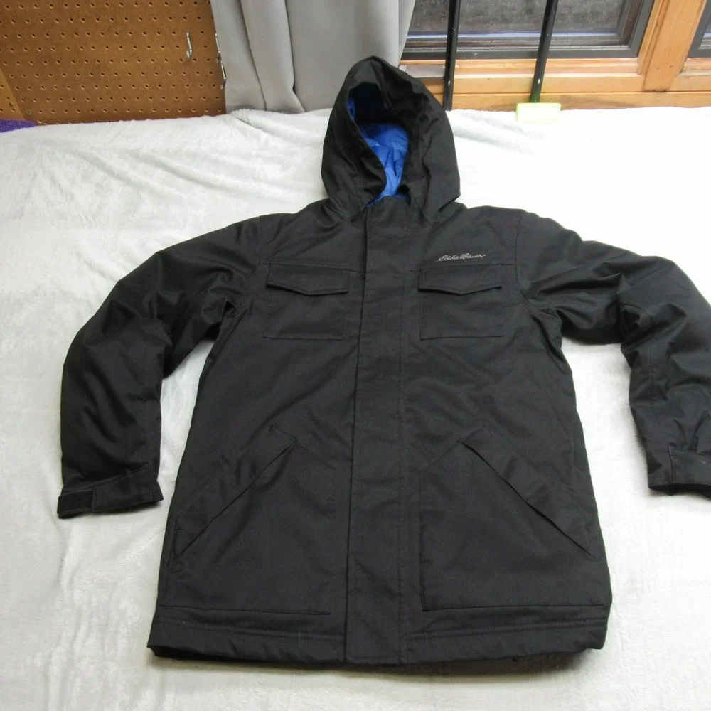 Eddie‎ Bauer Down Jacket Kids Large 12 Black Weather Edge Hooded Insulated Parka